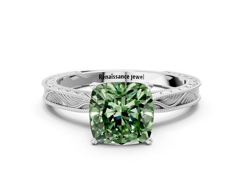 White gold Fancy Green Cushion Cut Solitaire Milgrain Engraved Band with Four-Prong Setting_12