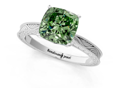 White gold Fancy Green Cushion Cut Solitaire Milgrain Engraved Band with Four-Prong Setting_13