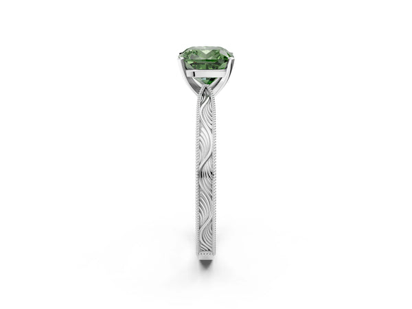 Platinum Fancy Green Cushion Cut Solitaire Milgrain Engraved Band with Four-Prong Setting