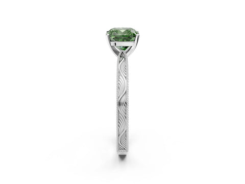 White gold Fancy Green Cushion Cut Solitaire Milgrain Engraved Band with Four-Prong Setting_14