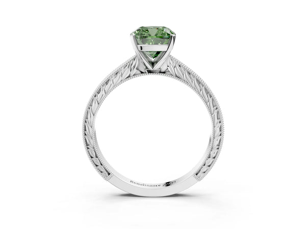 Platinum Fancy Green Cushion Cut Solitaire Milgrain Engraved Band with Four-Prong Setting