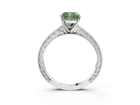 White gold Fancy Green Cushion Cut Solitaire Milgrain Engraved Band with Four-Prong Setting_15