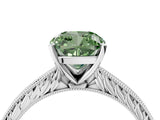White gold Fancy Green Cushion Cut Solitaire Milgrain Engraved Band with Four-Prong Setting_16