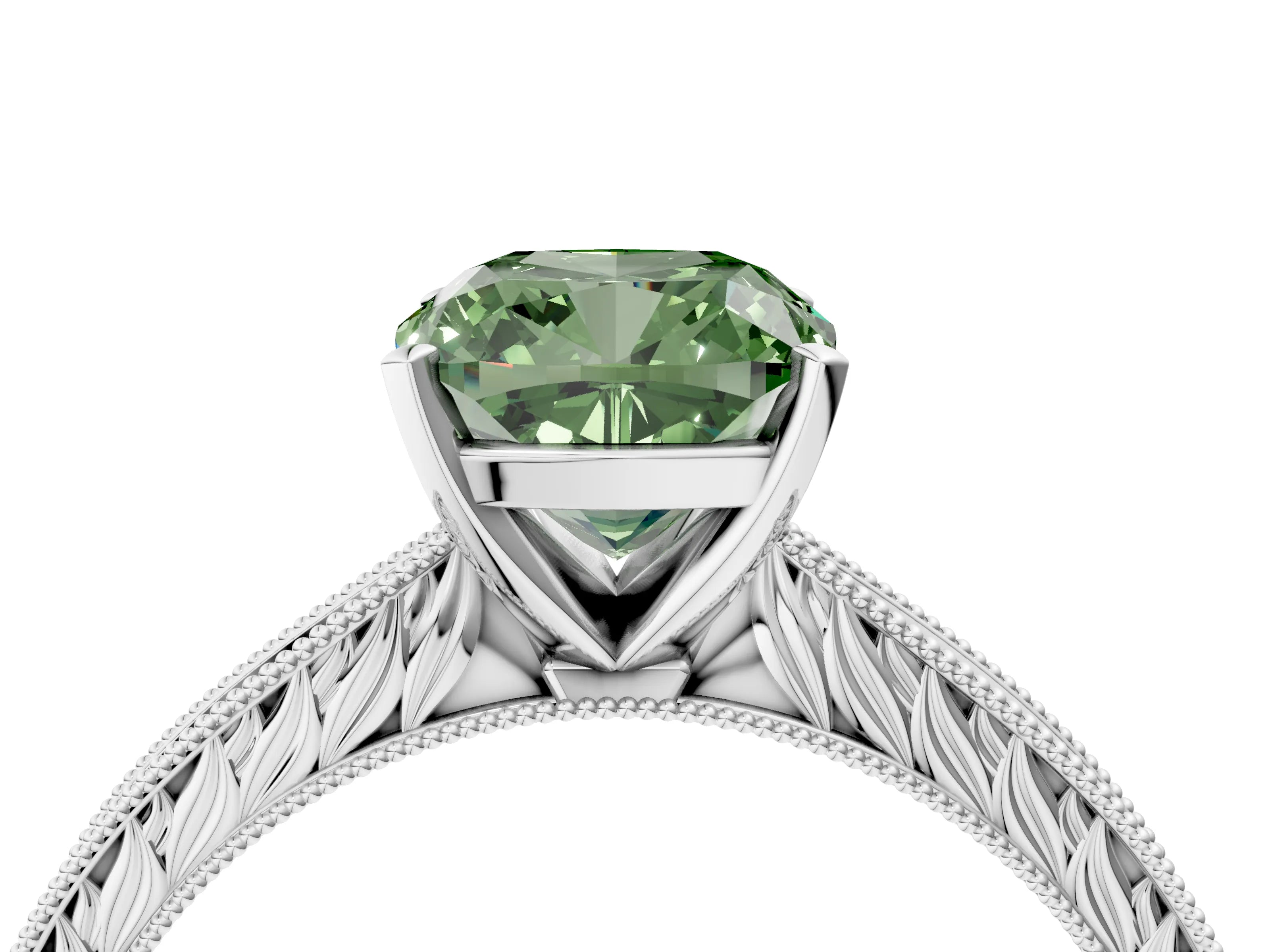 White gold Fancy Green Cushion Cut Solitaire Milgrain Engraved Band with Four-Prong Setting_16