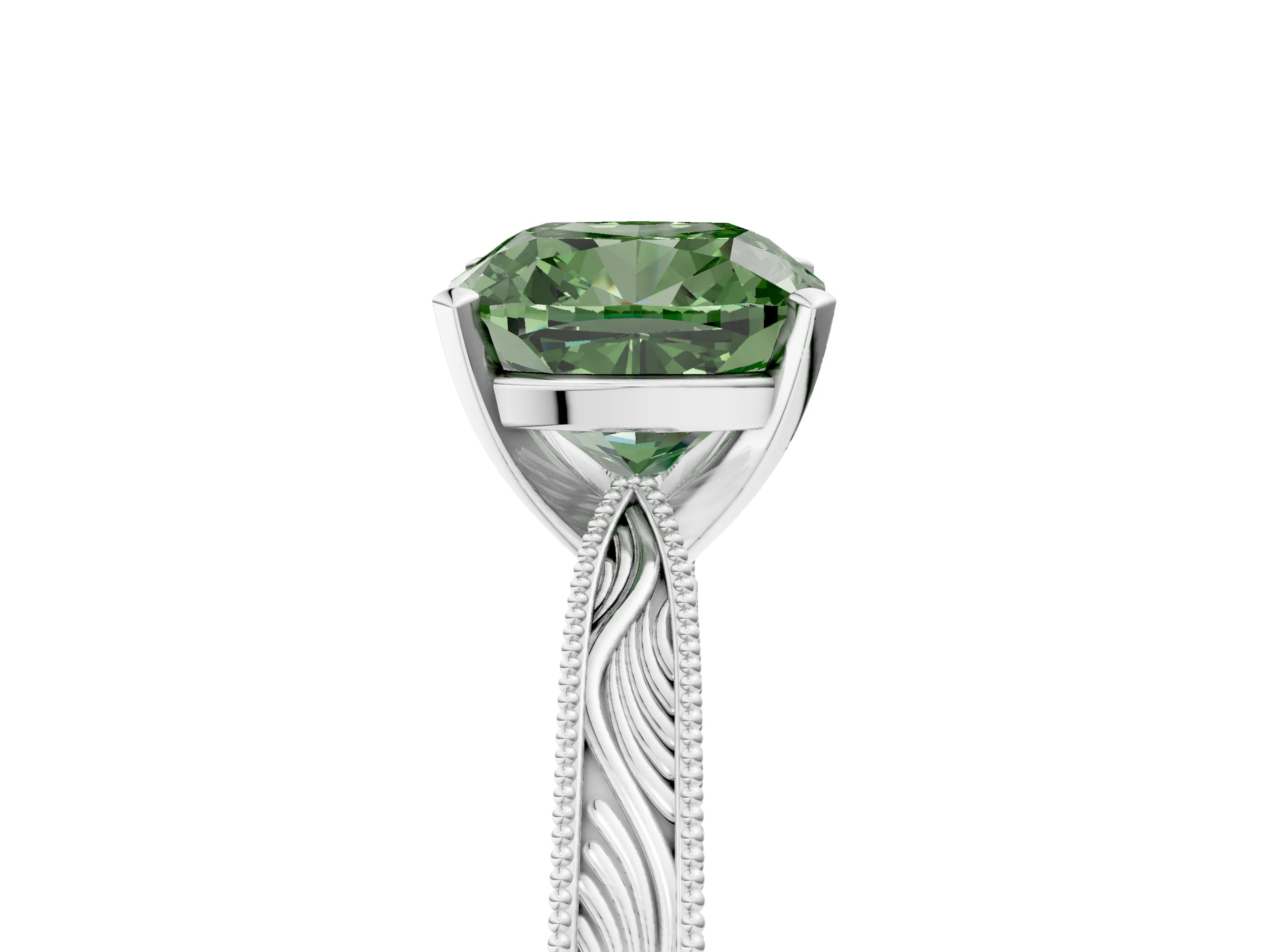 White gold Fancy Green Cushion Cut Solitaire Milgrain Engraved Band with Four-Prong Setting_17