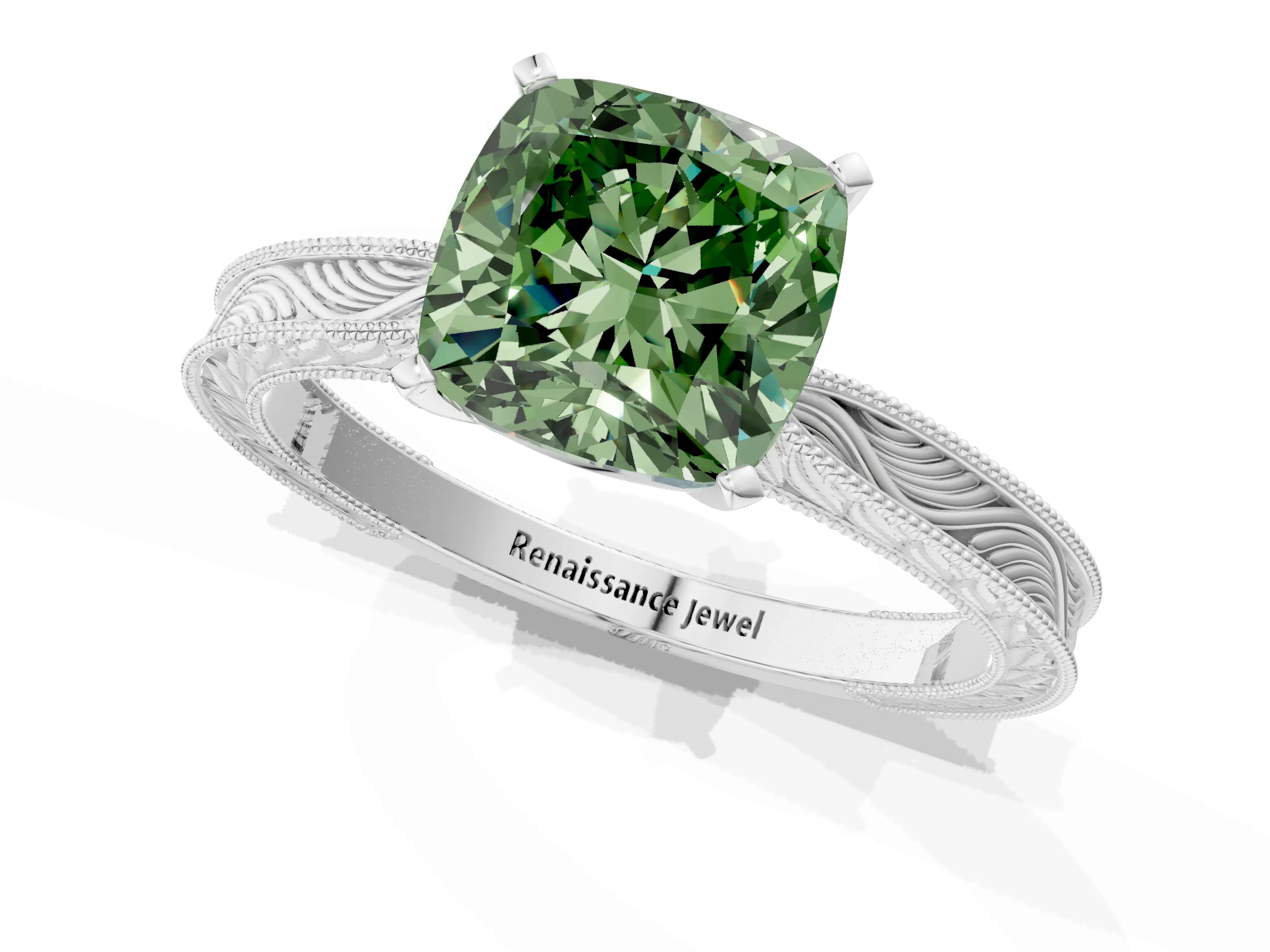 White gold Fancy Green Cushion Cut Solitaire Milgrain Engraved Band with Four-Prong Setting_1