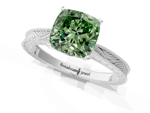 White gold Fancy Green Cushion Cut Solitaire Milgrain Engraved Band with Four-Prong Setting_1
