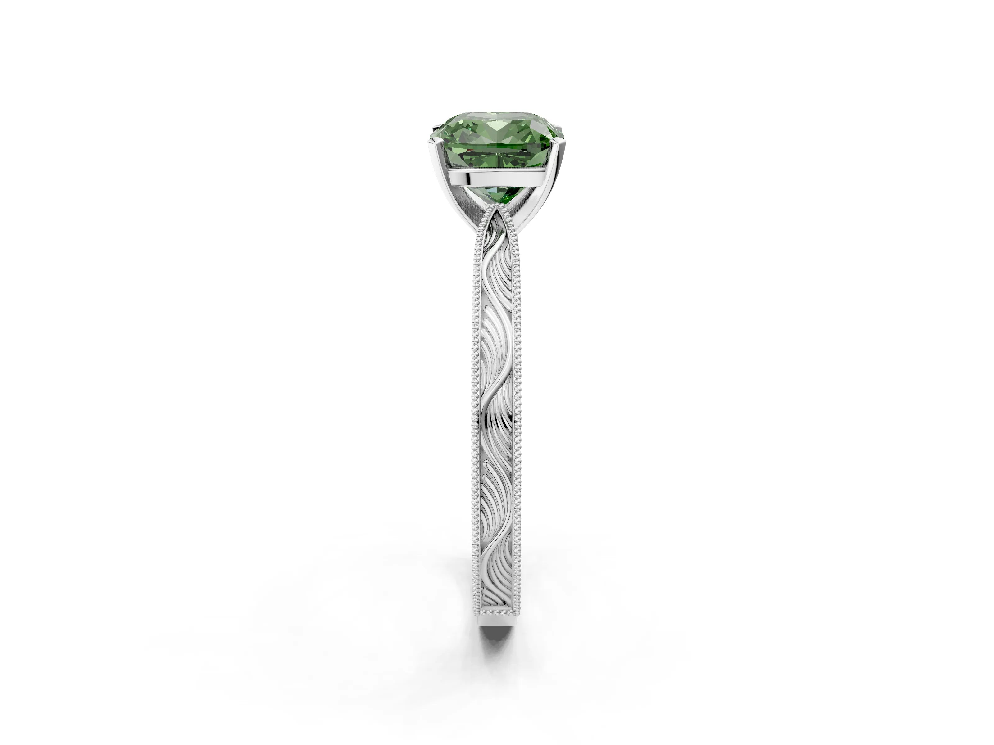 White gold Fancy Green Cushion Cut Solitaire Milgrain Engraved Band with Four-Prong Setting_2