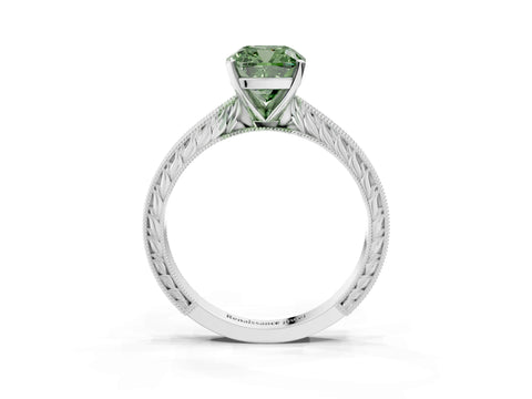 White gold Fancy Green Cushion Cut Solitaire Milgrain Engraved Band with Four-Prong Setting_3