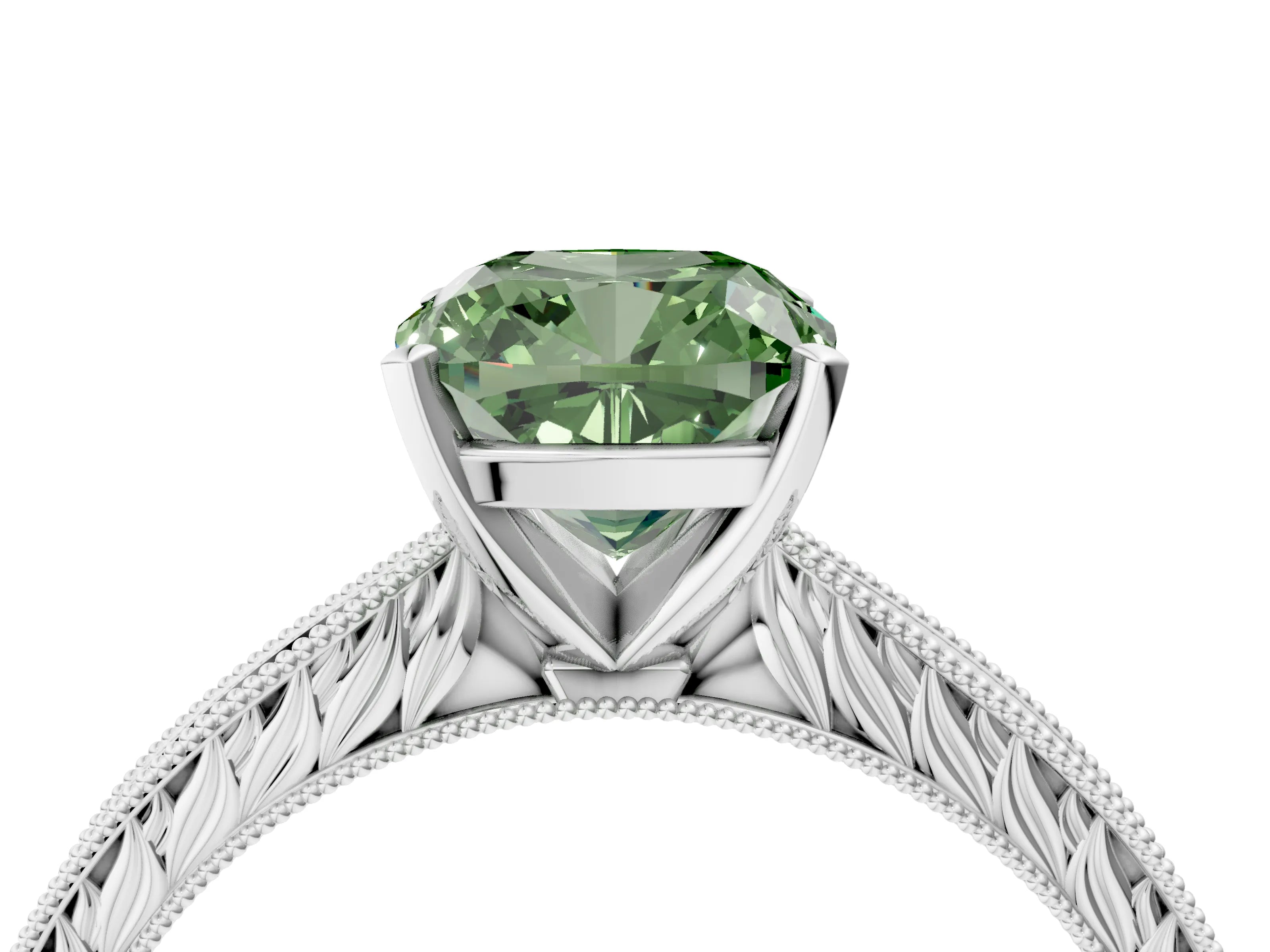 White gold Fancy Green Cushion Cut Solitaire Milgrain Engraved Band with Four-Prong Setting_4