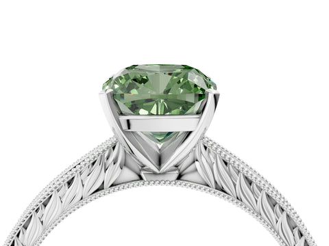White gold Fancy Green Cushion Cut Solitaire Milgrain Engraved Band with Four-Prong Setting_4