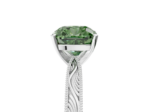 White gold Fancy Green Cushion Cut Solitaire Milgrain Engraved Band with Four-Prong Setting_5