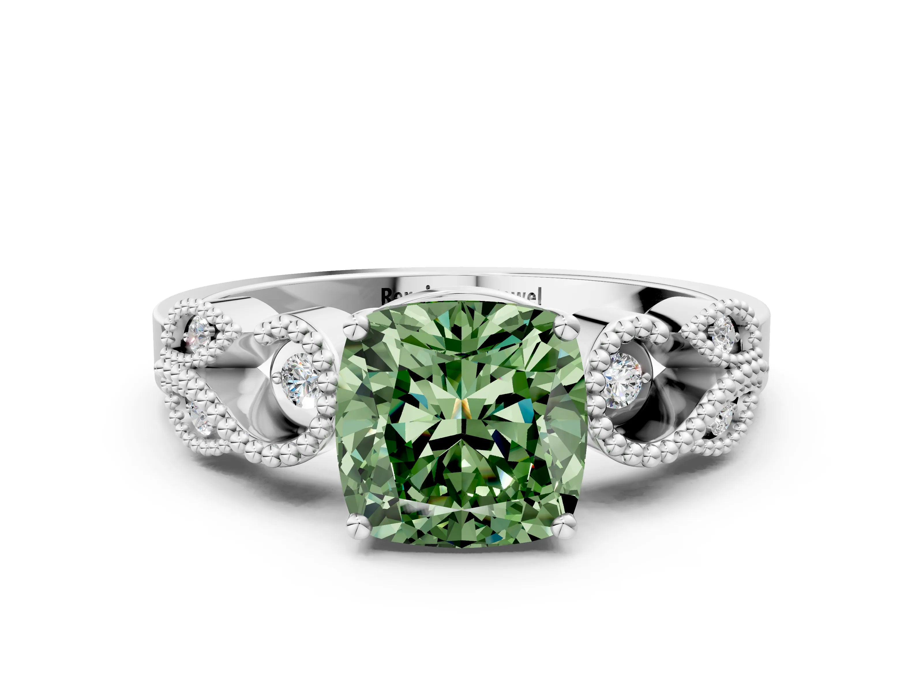 White gold Fancy Green Cushion Cut Solitaire Milgrain Leaf Band with Prong Setting_12