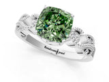 White gold Fancy Green Cushion Cut Solitaire Milgrain Leaf Band with Prong Setting_13