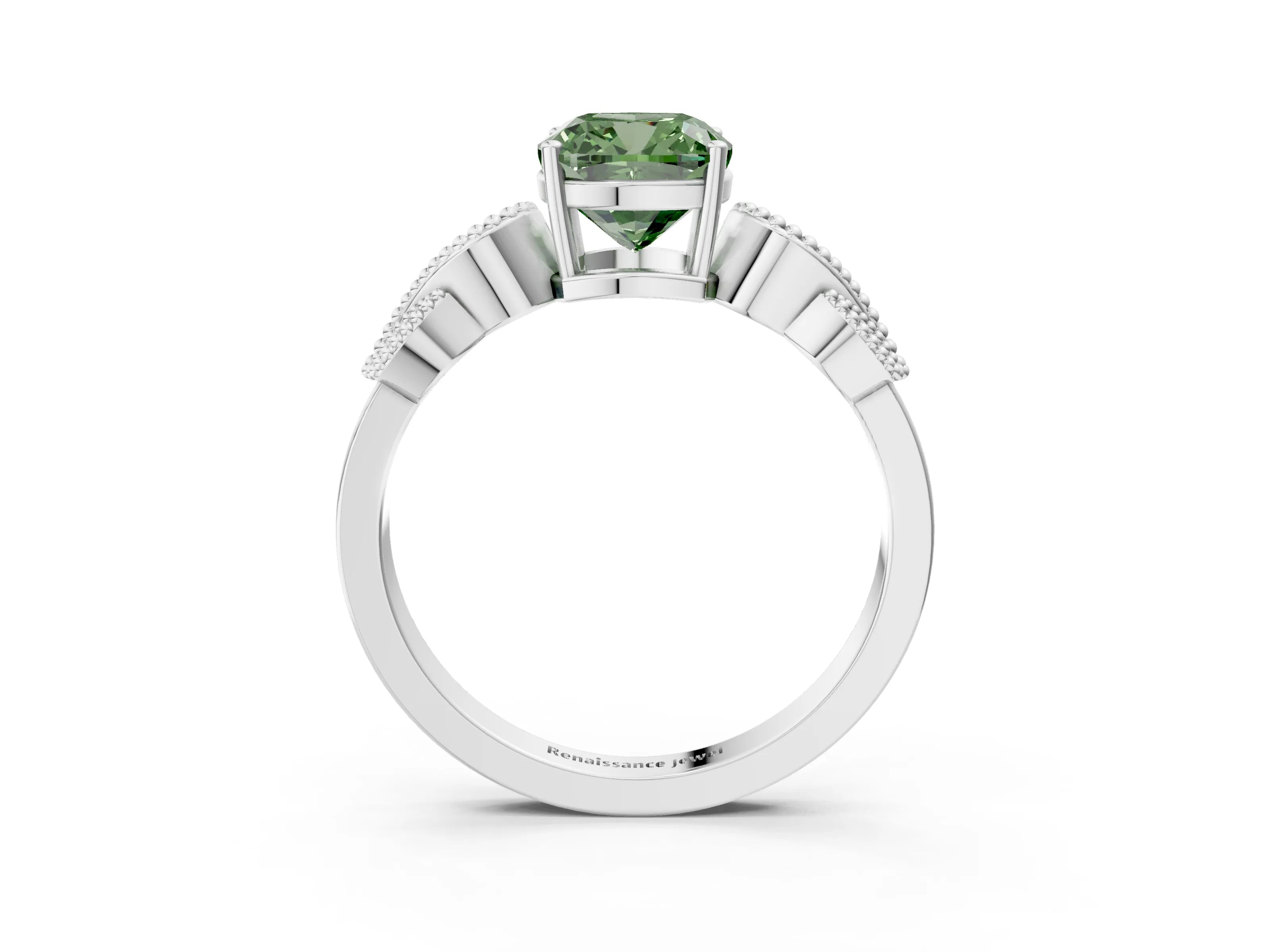 White gold Fancy Green Cushion Cut Solitaire Milgrain Leaf Band with Prong Setting_15