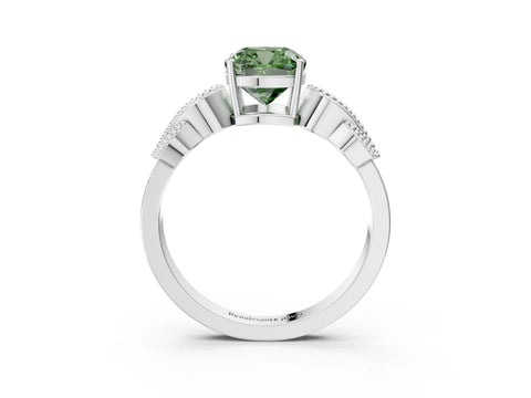 White gold Fancy Green Cushion Cut Solitaire Milgrain Leaf Band with Prong Setting_15