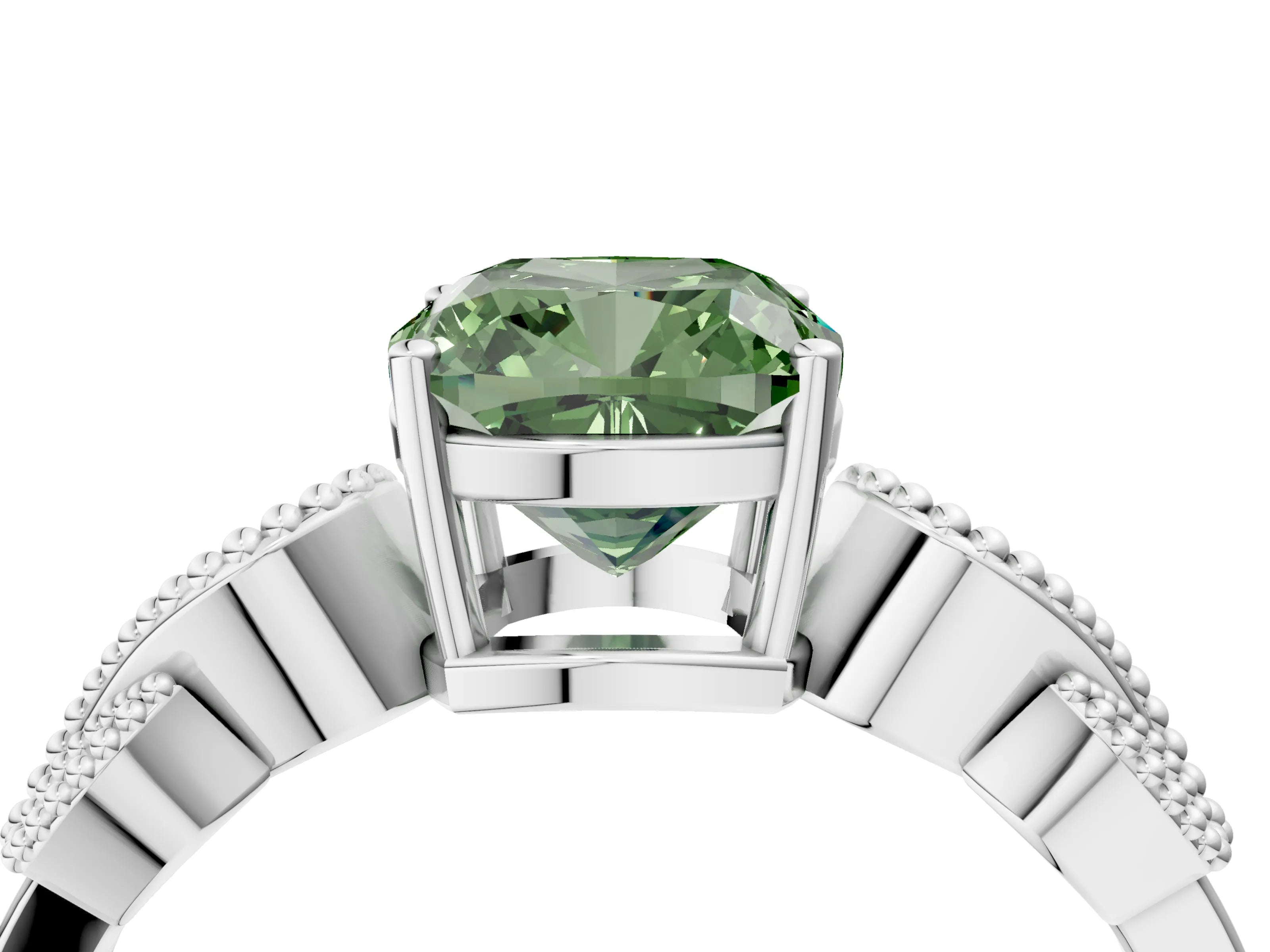 White gold Fancy Green Cushion Cut Solitaire Milgrain Leaf Band with Prong Setting_16