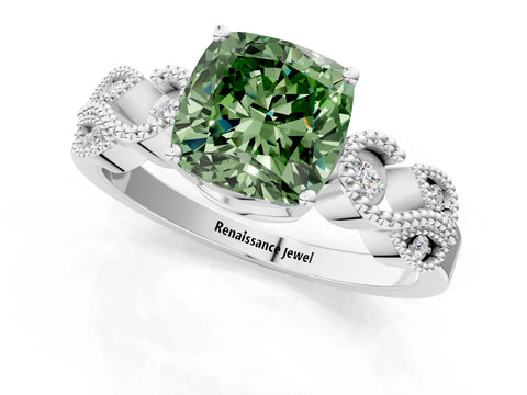 White gold Fancy Green Cushion Cut Solitaire Milgrain Leaf Band with Prong Setting_1