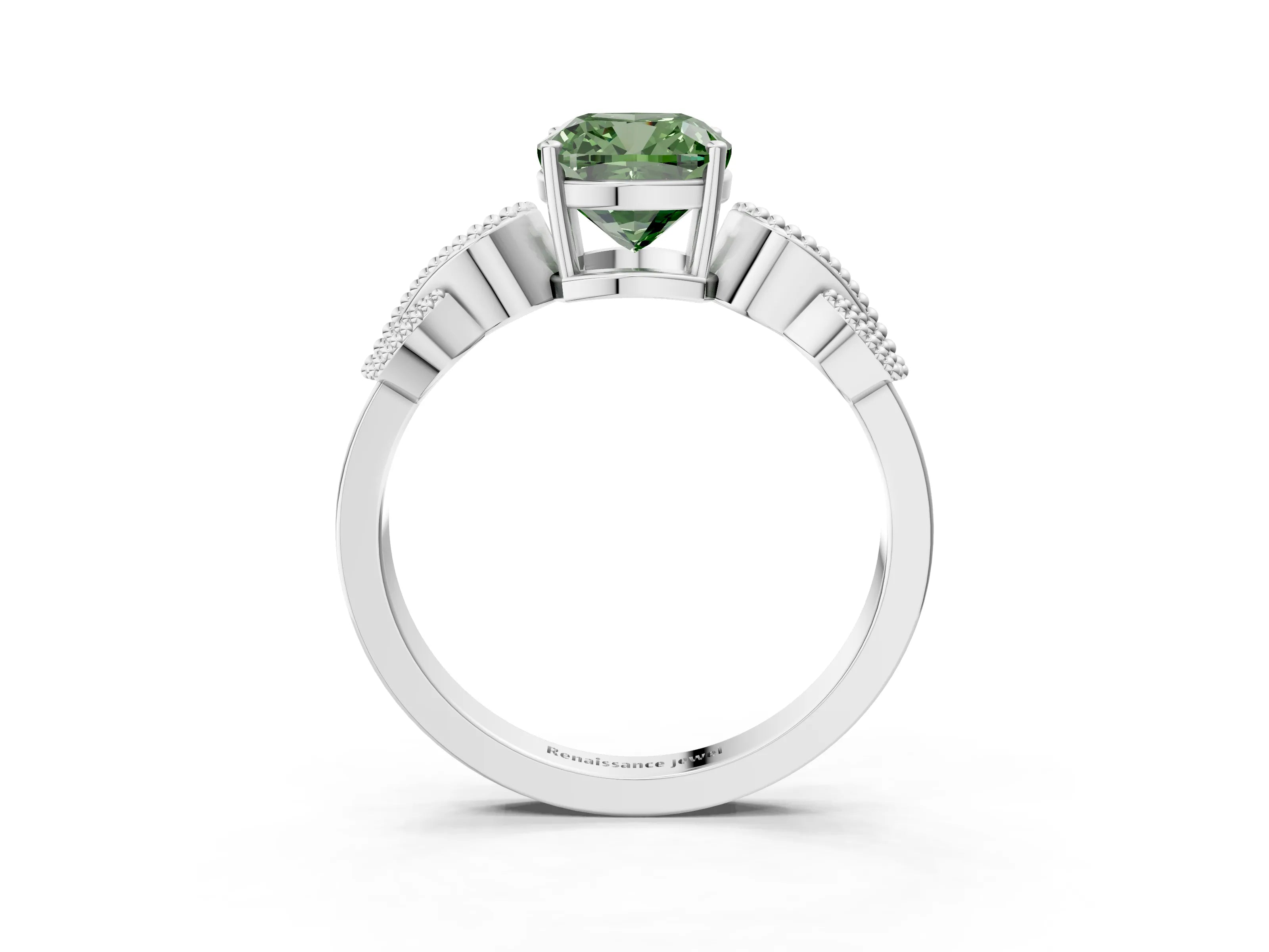 White gold Fancy Green Cushion Cut Solitaire Milgrain Leaf Band with Prong Setting_3