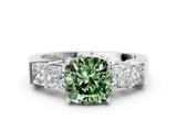 White gold Fancy Green Cushion Cut Solitaire Princess Side Stone Engraved Band Prong Setting Ring_12