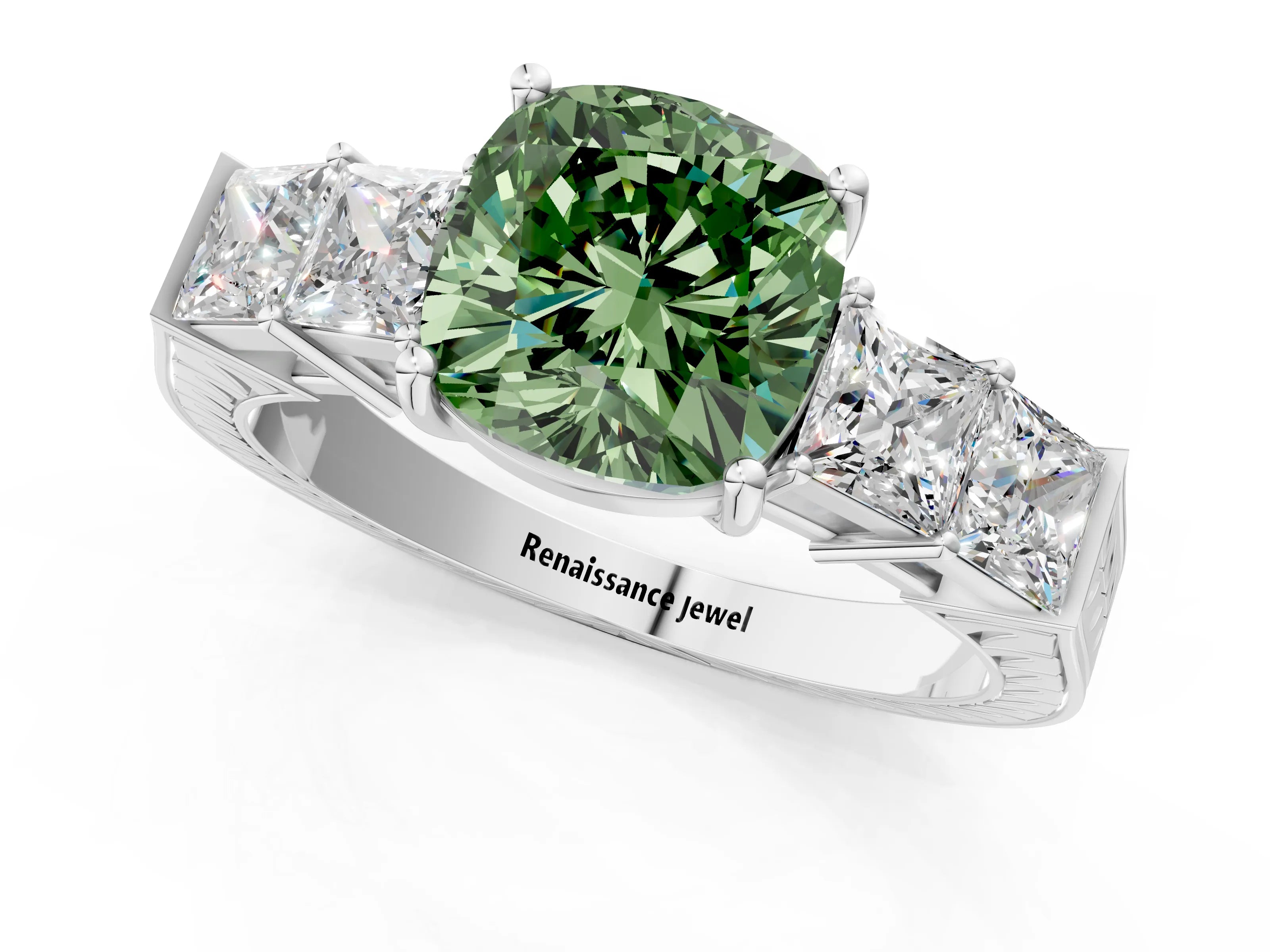 White gold Fancy Green Cushion Cut Solitaire Princess Side Stone Engraved Band Prong Setting Ring_13