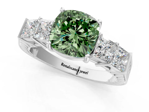 White gold Fancy Green Cushion Cut Solitaire Princess Side Stone Engraved Band Prong Setting Ring_13