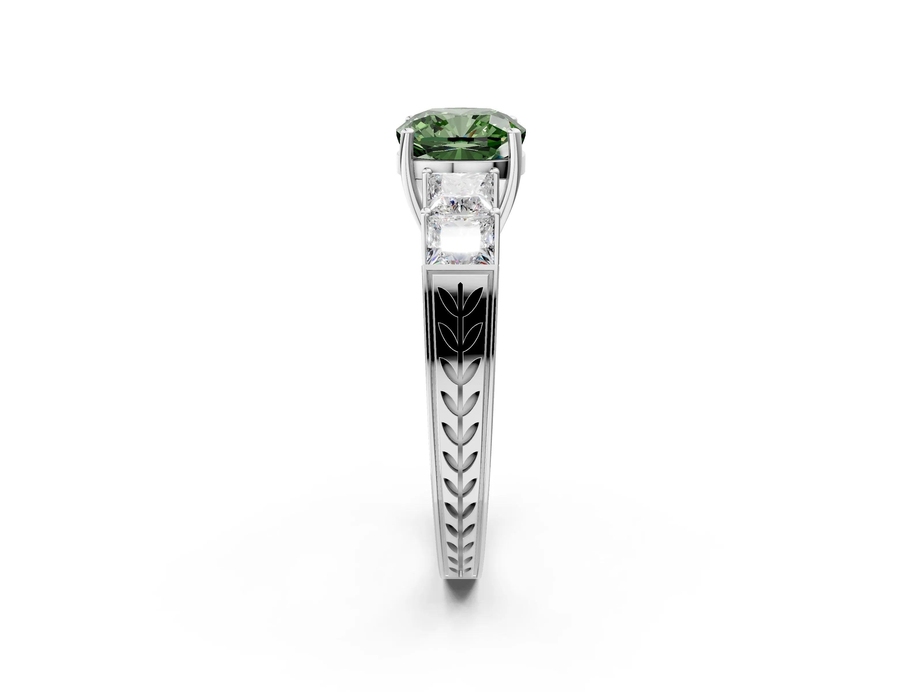 White gold Fancy Green Cushion Cut Solitaire Princess Side Stone Engraved Band Prong Setting Ring_14