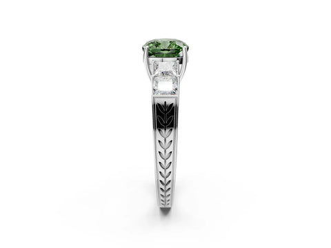 White gold Fancy Green Cushion Cut Solitaire Princess Side Stone Engraved Band Prong Setting Ring_14