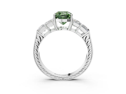 White gold Fancy Green Cushion Cut Solitaire Princess Side Stone Engraved Band Prong Setting Ring_15