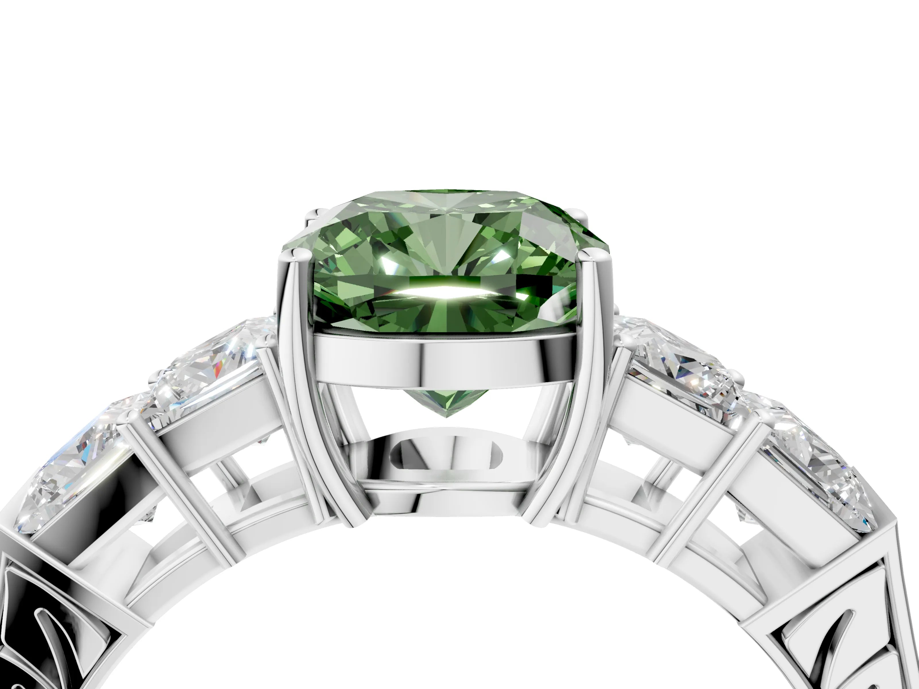 White gold Fancy Green Cushion Cut Solitaire Princess Side Stone Engraved Band Prong Setting Ring_16