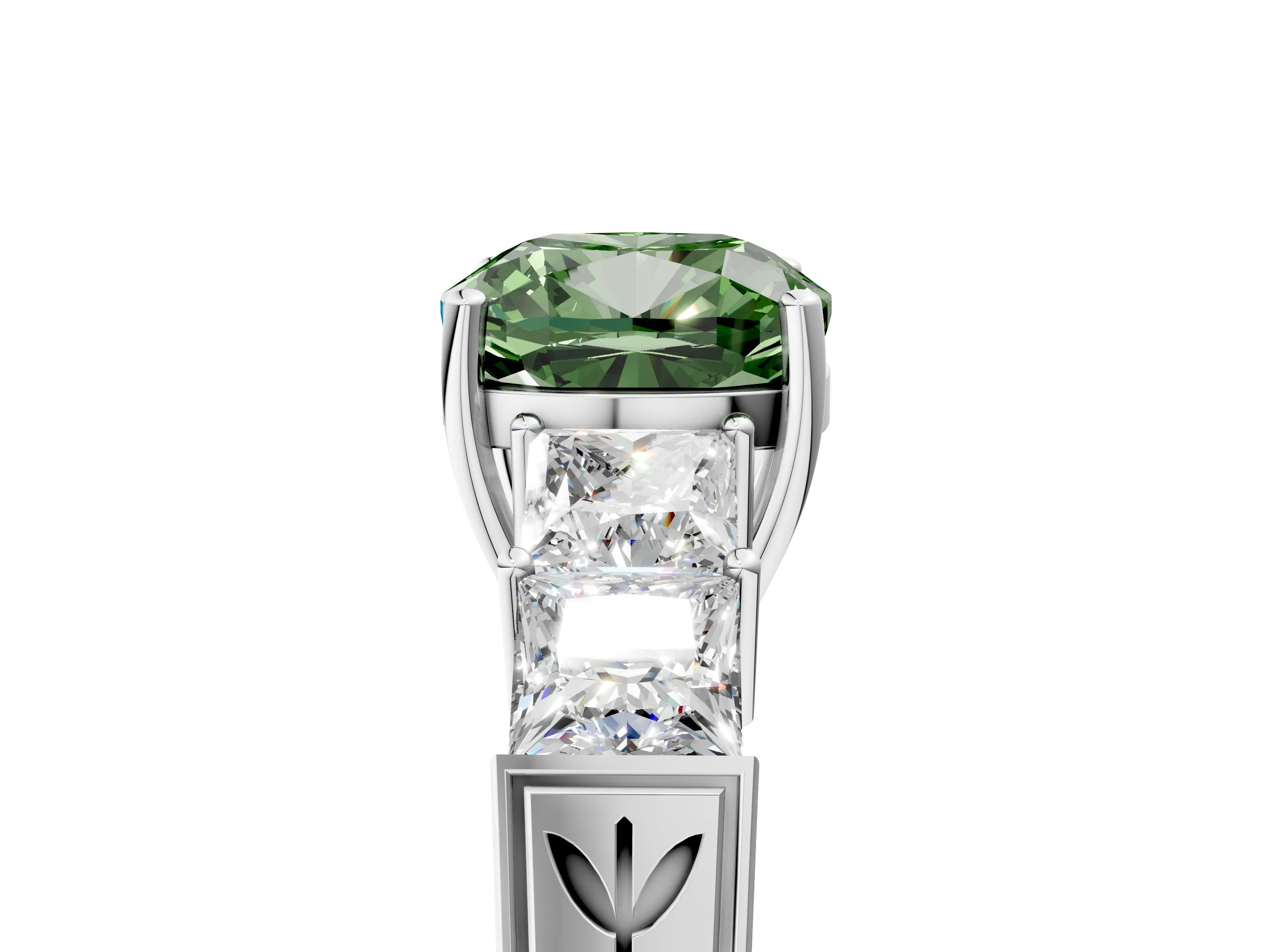 White gold Fancy Green Cushion Cut Solitaire Princess Side Stone Engraved Band Prong Setting Ring_17