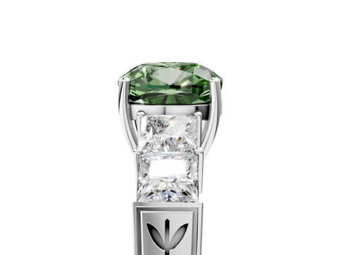 White gold Fancy Green Cushion Cut Solitaire Princess Side Stone Engraved Band Prong Setting Ring_17