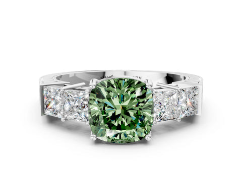 White gold Fancy Green Cushion Cut Solitaire Princess Side Stone Engraved Band Prong Setting Ring_18