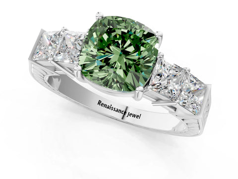 White gold Fancy Green Cushion Cut Solitaire Princess Side Stone Engraved Band Prong Setting Ring_19