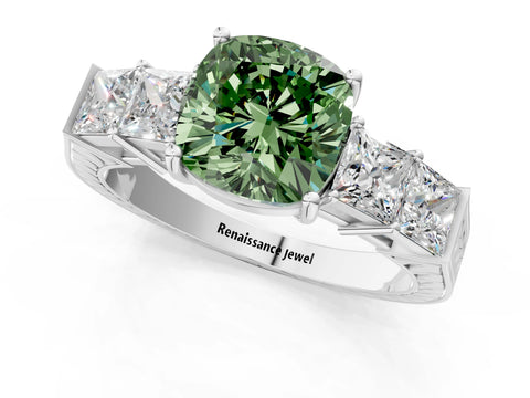 White gold Fancy Green Cushion Cut Solitaire Princess Side Stone Engraved Band Prong Setting Ring_1