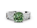 White gold Fancy Green Cushion Cut Solitaire Princess Side Stone Engraved Band Prong Setting Ring_20