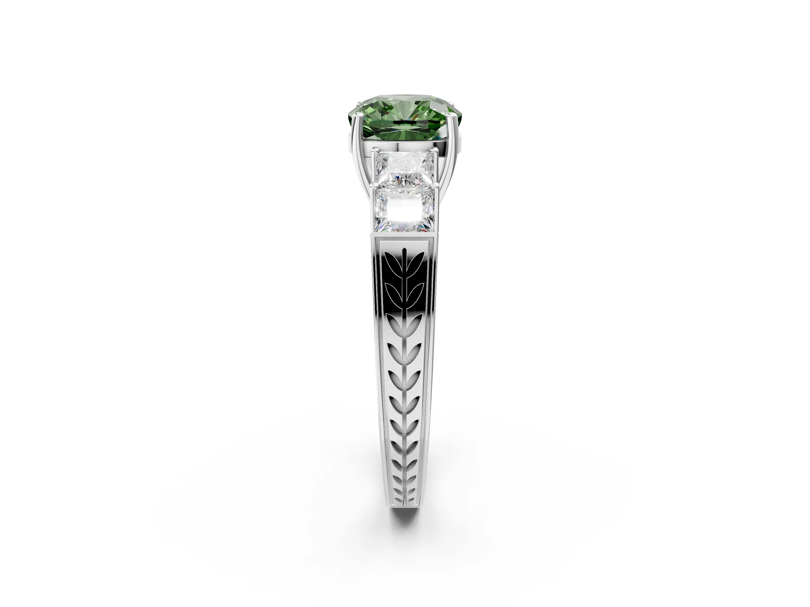 White gold Fancy Green Cushion Cut Solitaire Princess Side Stone Engraved Band Prong Setting Ring_20