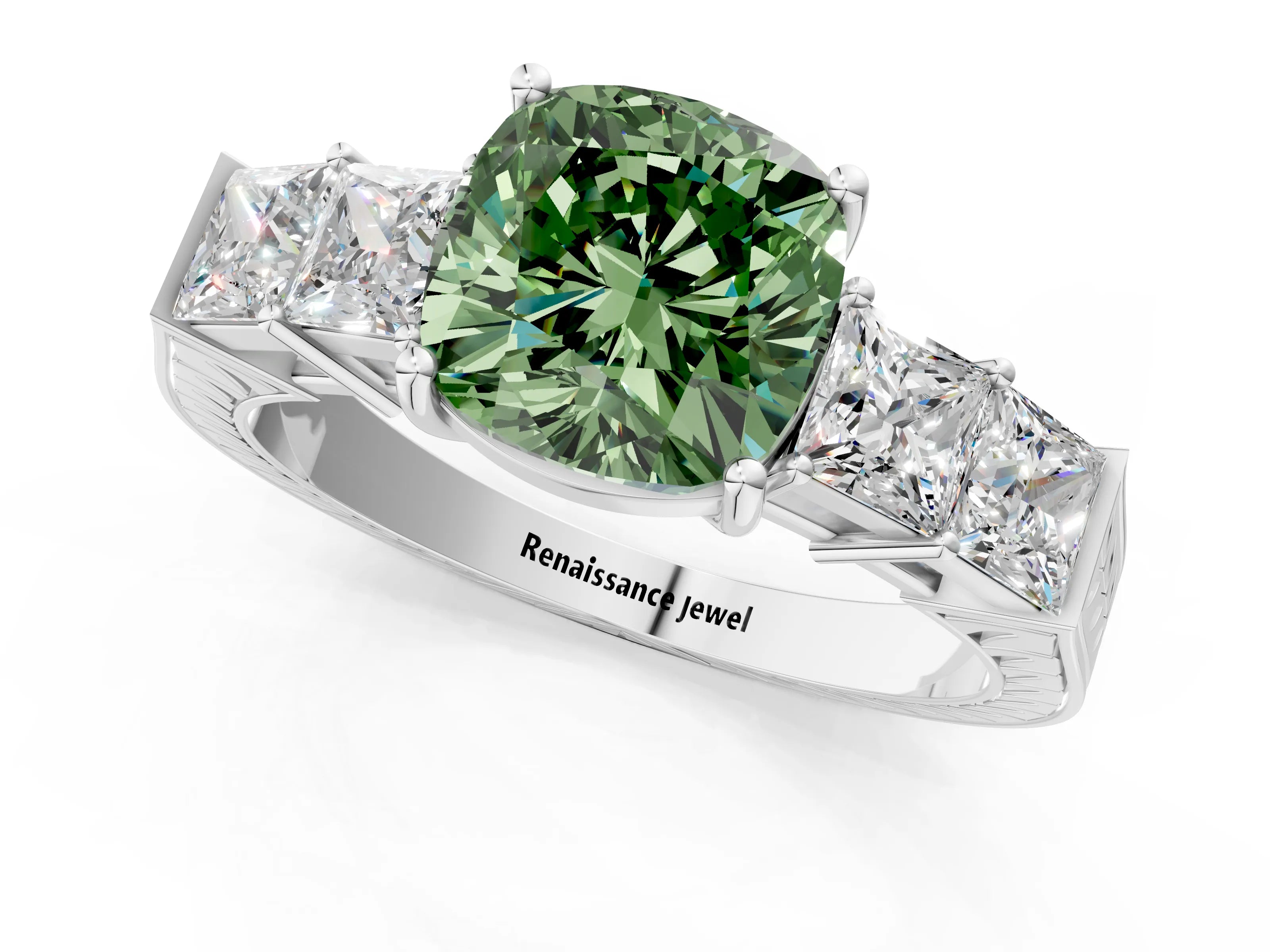 White gold Fancy Green Cushion Cut Solitaire Princess Side Stone Engraved Band Prong Setting Ring_21