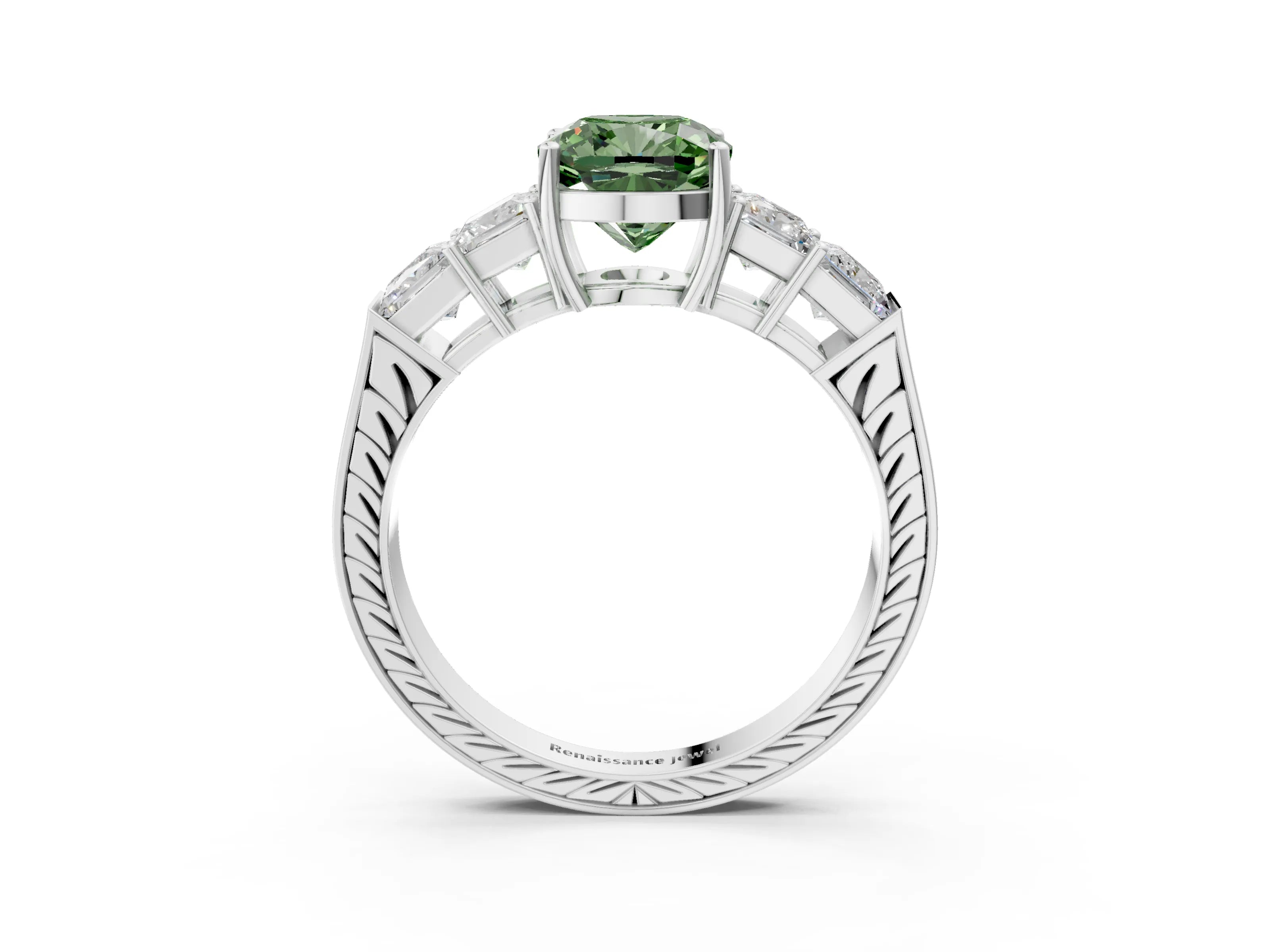 White gold Fancy Green Cushion Cut Solitaire Princess Side Stone Engraved Band Prong Setting Ring_21