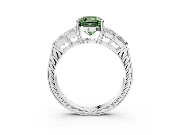 White gold Fancy Green Cushion Cut Solitaire Princess Side Stone Engraved Band Prong Setting Ring