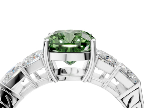 White gold Fancy Green Cushion Cut Solitaire Princess Side Stone Engraved Band Prong Setting Ring_22