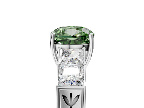 White gold Fancy Green Cushion Cut Solitaire Princess Side Stone Engraved Band Prong Setting Ring_23