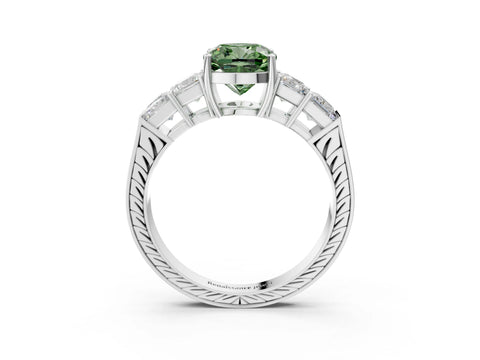 White gold Fancy Green Cushion Cut Solitaire Princess Side Stone Engraved Band Prong Setting Ring_23