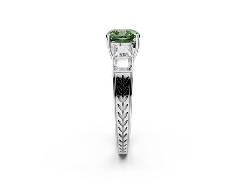 White gold Fancy Green Cushion Cut Solitaire Princess Side Stone Engraved Band Prong Setting Ring_2