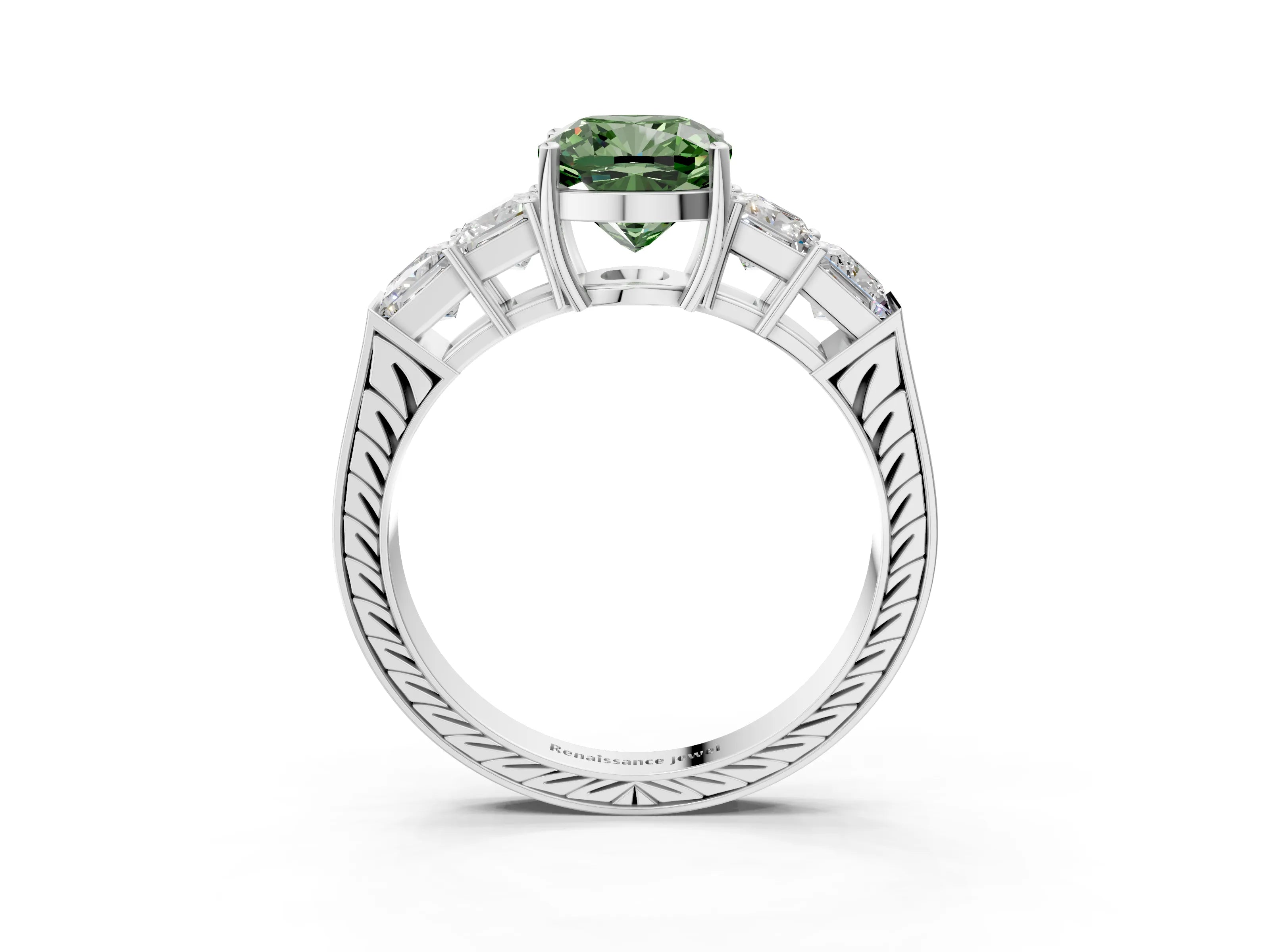 White gold Fancy Green Cushion Cut Solitaire Princess Side Stone Engraved Band Prong Setting Ring_3