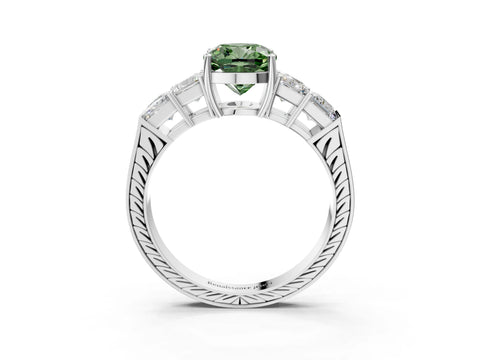 White gold Fancy Green Cushion Cut Solitaire Princess Side Stone Engraved Band Prong Setting Ring_3
