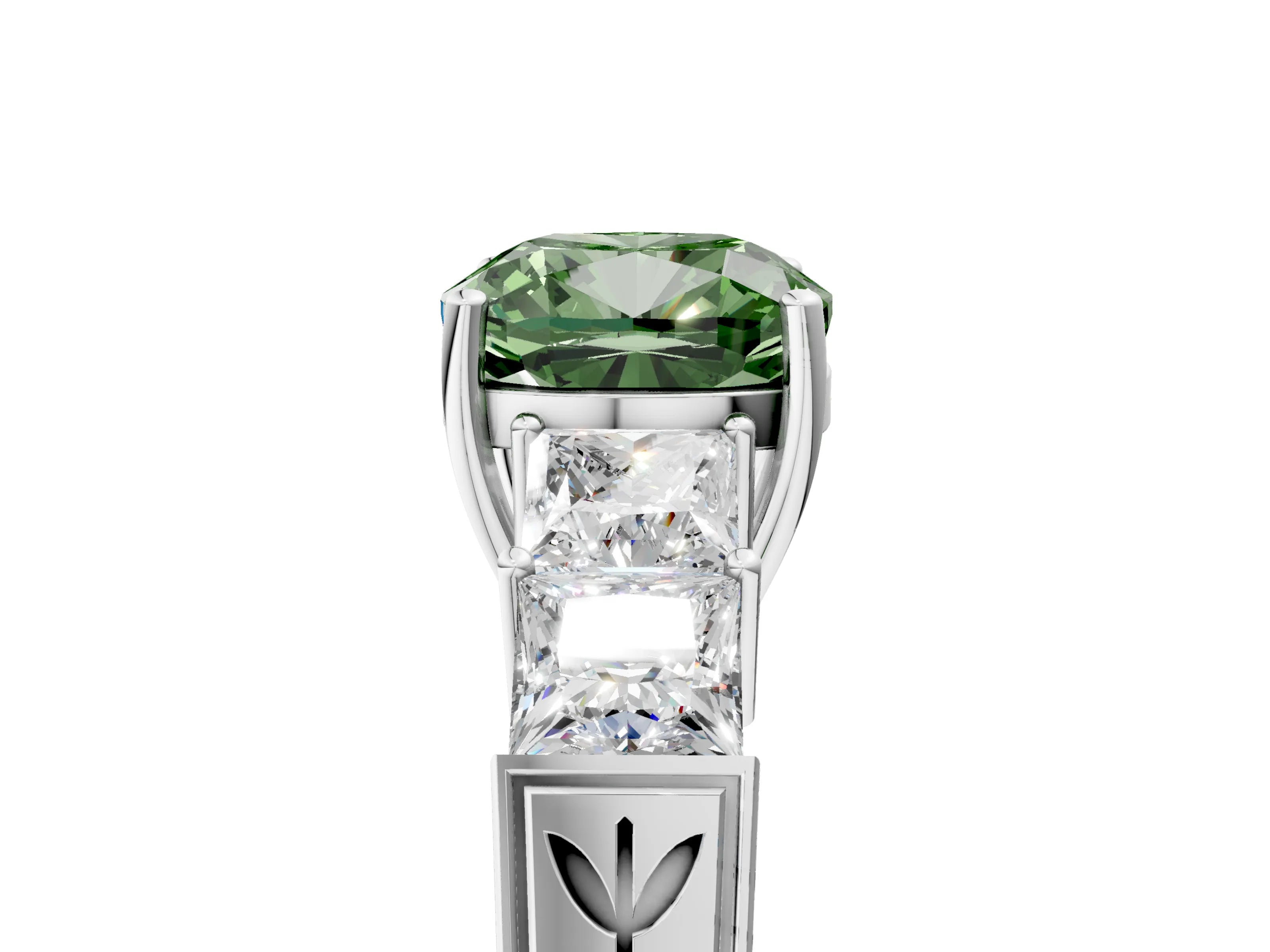 White gold Fancy Green Cushion Cut Solitaire Princess Side Stone Engraved Band Prong Setting Ring_5