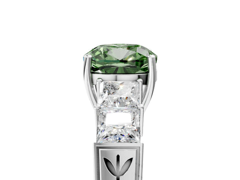 White gold Fancy Green Cushion Cut Solitaire Princess Side Stone Engraved Band Prong Setting Ring_5