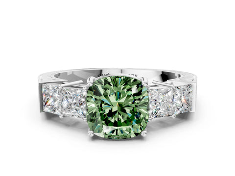 White gold Fancy Green Cushion Cut Solitaire Princess Side Stone Engraved Band Prong Setting Ring