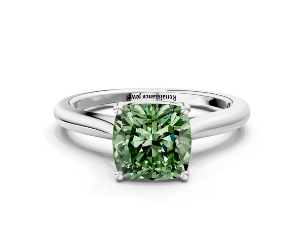 Platinum Fancy Green Cushion  Cut Solitaire Ring with Cathedral Band and Four-Prong Setting